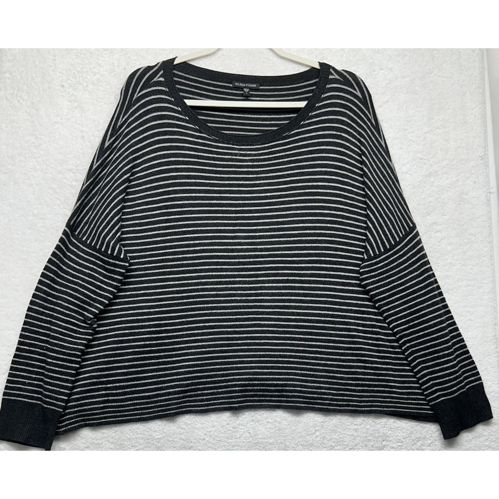 Eileen Fisher Womens Size L Black Gray Long Sleeve Viscose Striped Top (T5)